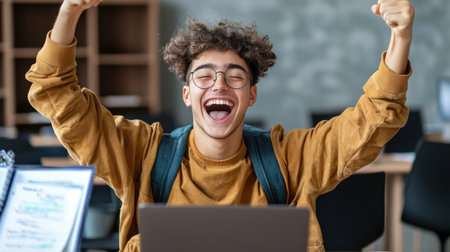 A young man is sitting at a desk with a laptop and a backpack. He is smiling and he is happyの素材