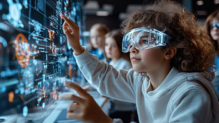 A girl wearing a pair of virtual reality goggles is pointing at a screen. Concept of excitement and curiosity as the girl explores the digital worldの素材