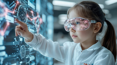 A young girl wearing a white lab coat is pointing at a computer screen with a red and blue image. The image appears to be a digital representation of a scientific conceptの素材