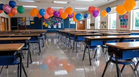 A classroom with many desks and chairs and a lot of balloons. The balloons are in different colors and sizesの素材