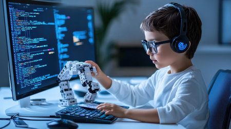 A young boy is playing with a robot on a computer. He is wearing glasses and headphones. The robot is on the computer screen, and the boy is using a keyboard to interact with itの素材