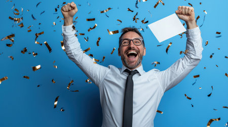 A man is celebrating with confetti and a white card. He is wearing a tie and glassesの素材