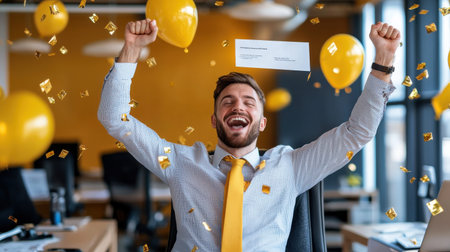 A man is celebrating with balloons and a check. He is smiling and holding the check in the airの素材