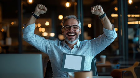 A man is smiling and holding a white piece of paper. He is in a restaurant and he is celebrating somethingの素材