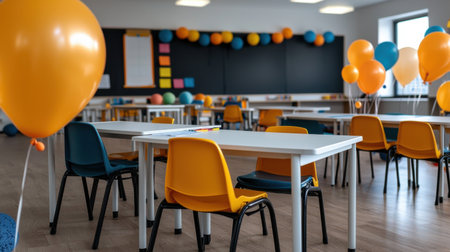 A classroom with orange balloons and yellow chairs. The balloons are scattered around the room and the chairs are arranged in rows. Scene is cheerful and festiveの素材