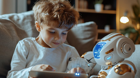 A boy is playing with a robot on a couch. The robot is on a tablet and the boy is using a stylus to interact with itの素材