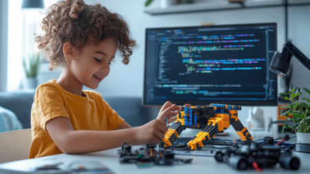 A young girl is building a robot out of Legos while sitting at a desk with a computer monitor in the backgroundの素材