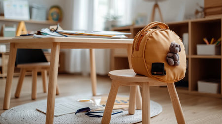 A small yellow bag with a teddy bear on it sits on a stool in a room with a wooden table and chairsの素材
