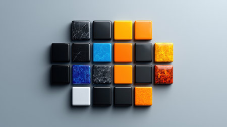 A collection of colorful cubes arranged in a pattern. The cubes are of different colors and sizes, creating a visually interesting and dynamic compositionの素材