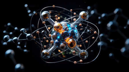 A close up of a molecule with a blue background. The molecule is made up of many small spheres, some of which are orange. The spheres are arranged in a way that creates a sense of movement and energyの素材