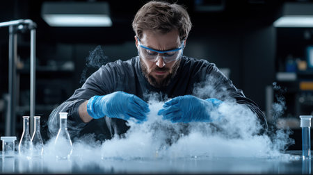 A man in a lab coat is wearing blue gloves and goggles as he works with a substance that is emitting steam. Concept of scientific exploration and experimentationの素材