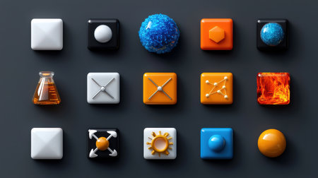 A collection of colorful buttons and spheres arranged in a grid. The buttons and spheres are of various shapes and sizes, and they appear to be made of plastic. Concept of creativity and playfulnessの素材