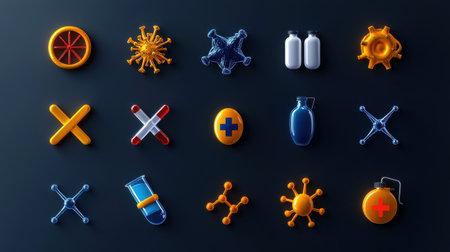 A collection of medical symbols and objects, including a syringe, a bottle, and a crossの素材