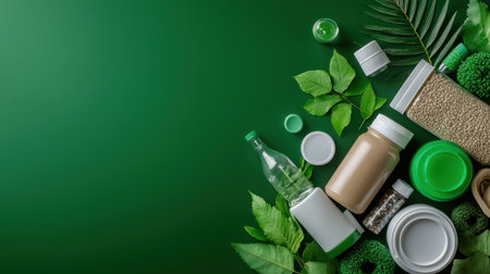 A green background with various items including a bottle, a cup, and a container. The items are arranged in a way that creates a sense of abundance and varietyの素材