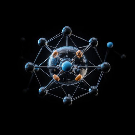 A close up of a sphere with many small spheres surrounding it. The sphere is surrounded by a network of small spheres, some of which are blue and some are orangeの素材