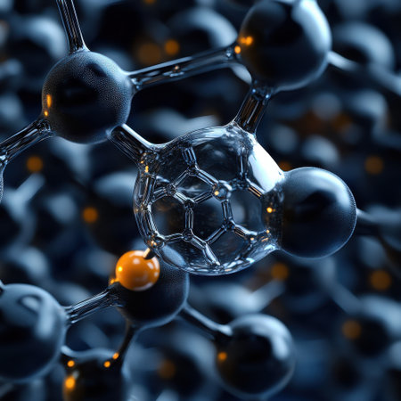 A close up of a molecule with a yellow ball in the center. The molecule is surrounded by other molecules, creating a sense of depth and complexity. Concept of the intricateの素材