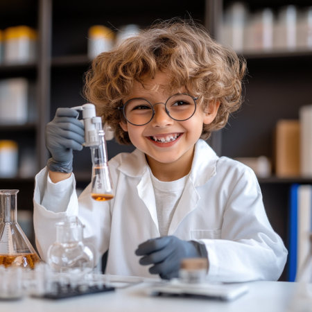 A young boy in a lab coat is holding a beaker and smiling. He is wearing gloves and glasses, and he is enjoying his time in the labの素材