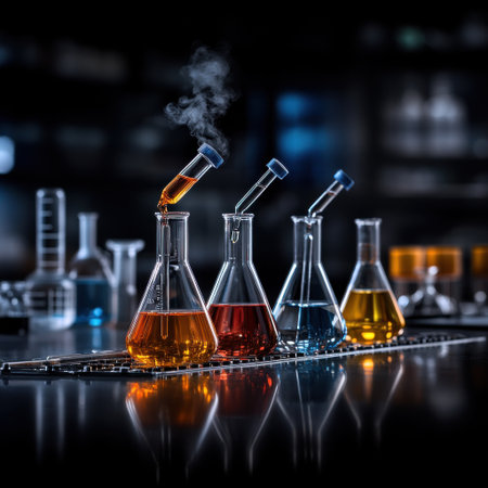 A row of glass beakers with different colored liquids in them. The beakers are arranged in a row and are filled with various colored liquidsの素材