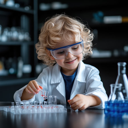 A young child wearing a lab coat and goggles is playing with a chemistry set. The child is smiling and he is enjoying the activityの素材