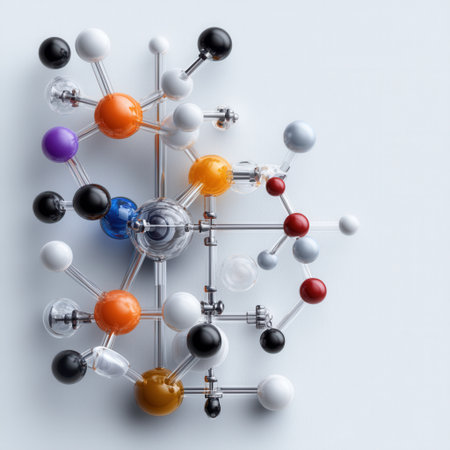 A colorful molecular structure made of glass balls. The structure is made up of many different colored balls, including red, orange, yellow, and blueの素材