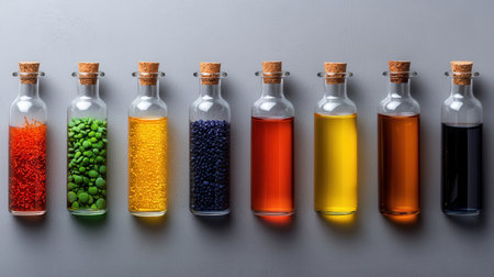 A row of glass bottles with different colored liquids inside. The bottles are lined up next to each other, with some bottles containing green beans and others containing different colored liquidsの素材