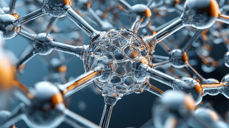 A close up of a complex molecular structure with many small spheres. The spheres are connected by thin wires, and the structure appears to be made of glass. Concept of complexity and intricacyの素材