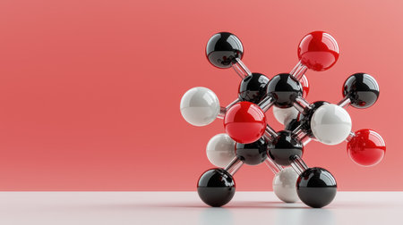 A model of a molecule is displayed on a red background. The molecule is made up of many small spheres, some of which are red, white, and blackの素材