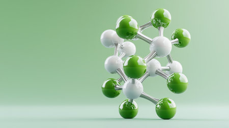 A green and white molecule is shown in a 3D image. The molecule is made up of many small spheres, each with a different color. Concept of complexity and intricacy, as well as a sense of wonderの素材