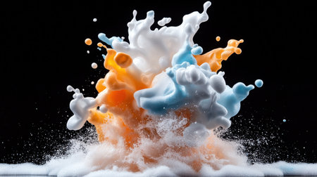 A colorful explosion of foam and powder. The colors are orange, blue, and white. The image has a sense of chaos and excitementの素材