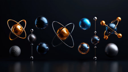 A collection of metallic spheres in various sizes and colors, arranged in a row. Concept of scientific exploration and discoveryの素材