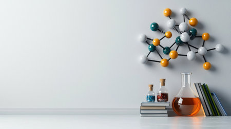 A white wall with a colorful molecule structure on it. A glass beaker with a yellow liquid in it sits on a table next to a stack of booksの素材