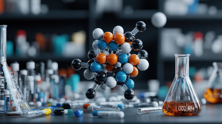 A chemistry lab with a glass beaker of liquid and a model of a molecule. The lab is filled with various chemicals and equipment, and the scene conveys a sense of scientific exploration and discoveryの素材