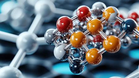 A close up of a molecule with a yellow and orange ball in the middle. The molecule is made up of many different colored ballsの素材