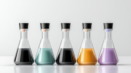 Five glass vials of different colors, including black, blue, green, yellow, and purpleの素材