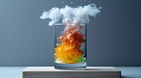 A glass of liquid with a flame in it. The flame is orange and yellow. The glass is on a wooden surfaceの素材