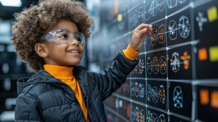 A young child wearing glasses is pointing at a computer monitor displaying a complex diagram. The child appears to be fascinated by the image, and the scene conveys a sense of curiosity and wonderの素材