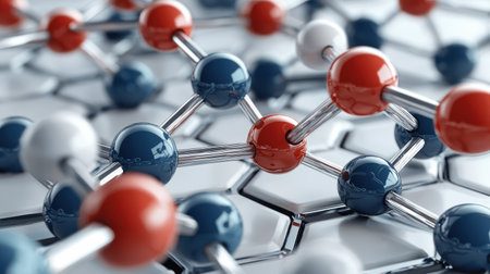 A close up of a bunch of balls with a red and blue one in the middle. The balls are connected by wires and the image conveys a sense of complexity and interconnectednessの素材