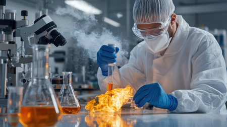A scientist is working with a chemical reaction that is producing a lot of smoke. The scientist is wearing a lab coat and gloves and is focused on the experiment. Scene is intense and focusedの素材