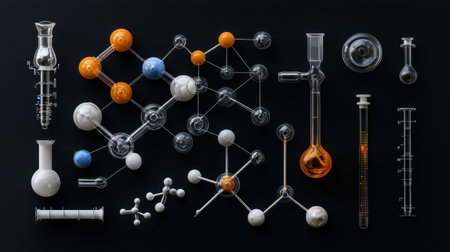 A collection of glassware and chemicals on a black background. Scene is scientific and experimentalの素材