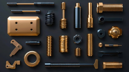 A collection of various nuts and bolts, some of which are gold. Concept of precision and attention to detail, as the different shapes and sizes of the nutsの素材