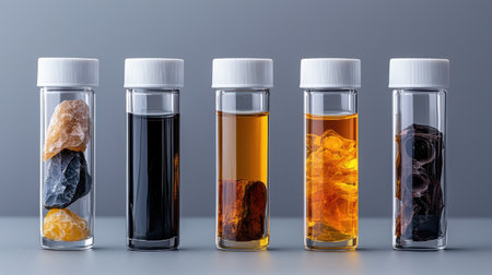 Five glass containers with different colored liquids and rocks. The containers are lined up next to each otherの素材