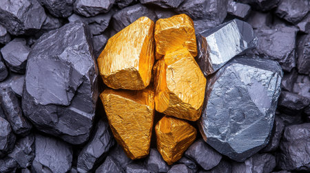 A pile of rocks with gold and silver pieces on top. The gold and silver pieces are shiny and stand out against the dark rocksの素材