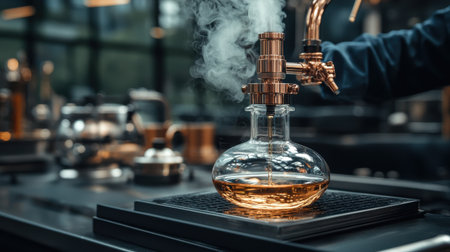 A man is pouring a liquid into a glass container. The container is on a countertop and the liquid is yellow. The scene is set in a kitchen or bar areaの素材