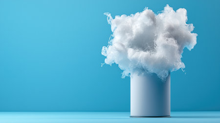 A white canister with a cloud of cotton wool inside. The canister is placed on a blue surfaceの素材