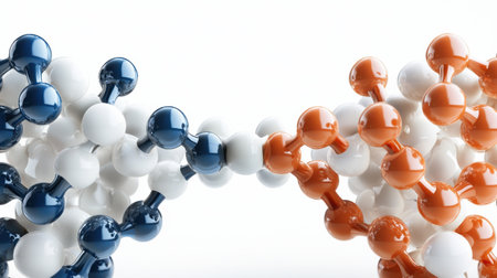 A close up of a molecule with a blue and white section and an orange section. The molecule is connected to another moleculeの素材