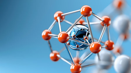 A close up of a molecule with a blue sphere in the middle. The molecule is made up of many small spheres, some of which are red and some are whiteの素材