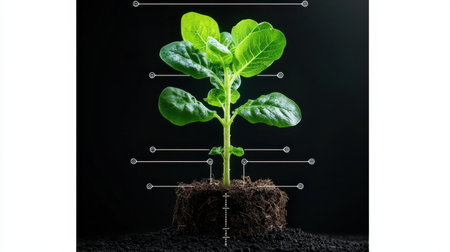 A close up of a plant with a black background. The plant is surrounded by a circle of numbers and lettersの素材