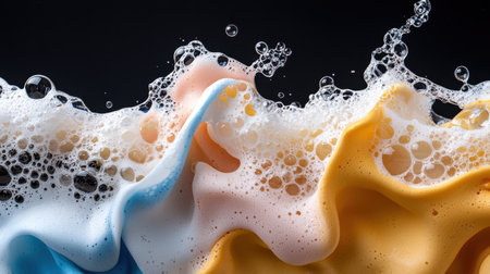 A colorful, foamy wave of laundry detergent bubbles. The bubbles are in various shades of blue, yellow, and pink, creating a playful and vibrant scene. The bubbles are scattered throughout the imageの素材