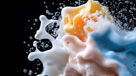 A splash of foam with a splash of blue and pink. The foam is in the air and is made up of different colorsの素材