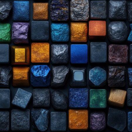 A collection of colorful rocks and stones arranged in a grid. The colors are vibrant and varied, creating a visually striking and interesting display. The arrangement of the rocksの素材